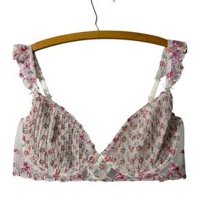For Love & Lemons Floral Embroidered Ruffle Strap Underwire Bra White Pink 38D